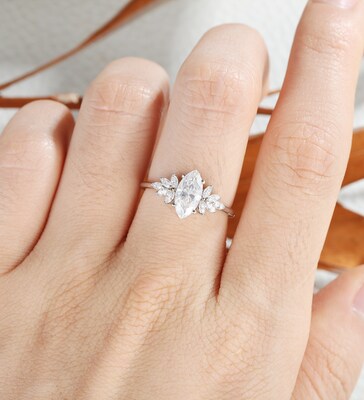 Marquise cut moissanite engagement ring, personalized vintage white gold ring, cubic zirconia wedding ring, bridal ring valentines day women - image5